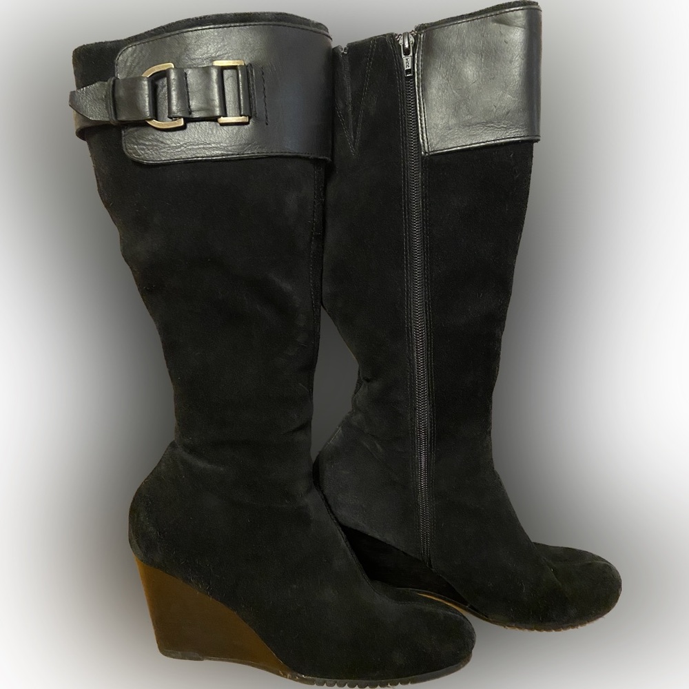Aerosoles Suede and Leather Black Wedge Boots 8.5